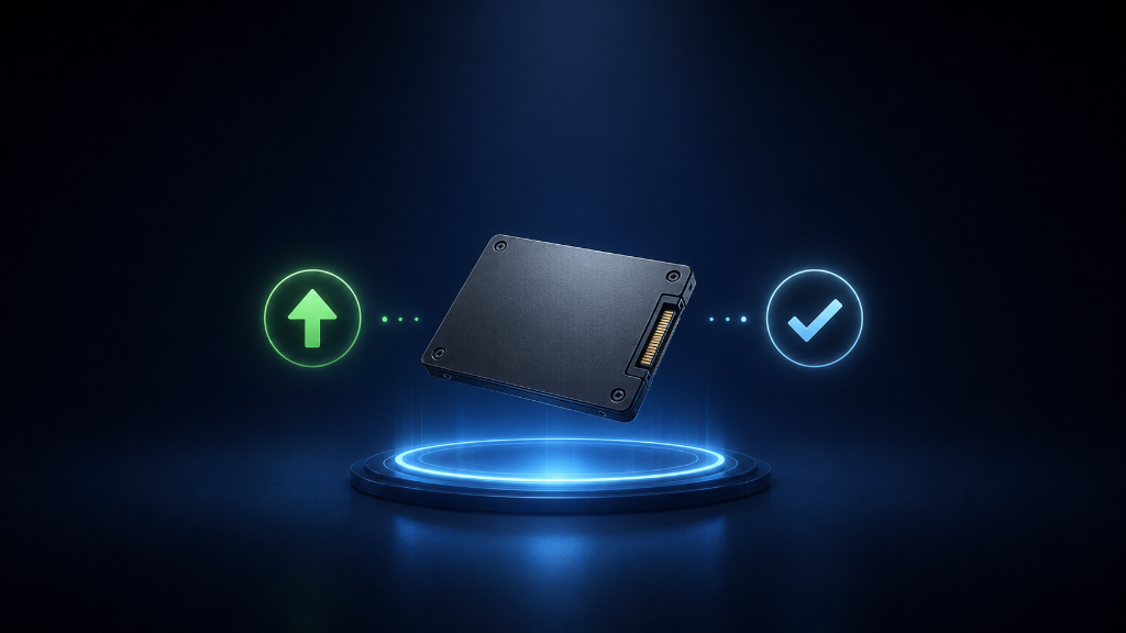 Semi-realistic image showing a centered gaming storage drive with glowing upgrade arrow and checkmark icons, illustrating when beginners should upgrade storage and when their current drive is still enough.