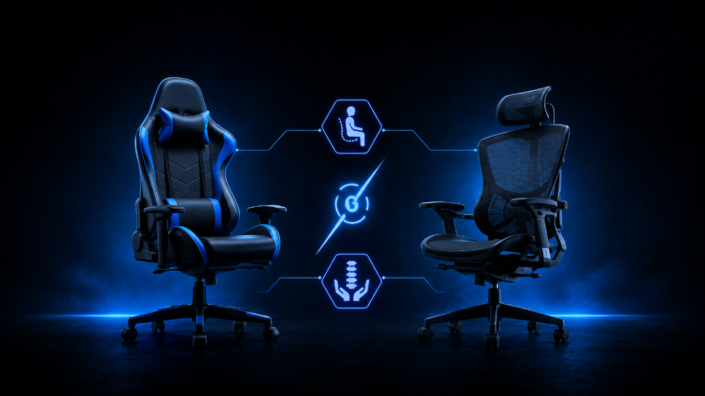 Semi-realistic comparison of a racing-style gaming chair and ergonomic office chair with blue glowing posture and spine support symbols on a dark black and blue background.