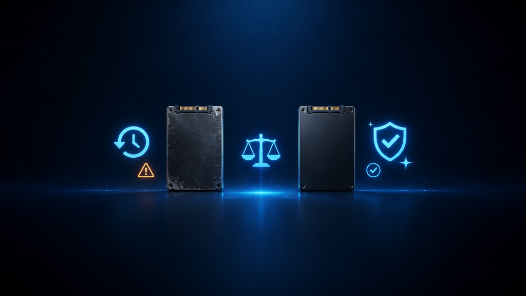 Semi-realistic comparison image showing used and new gaming storage drives with warning, balance, and safety check icons, helping beginners decide whether buying used storage is safe.