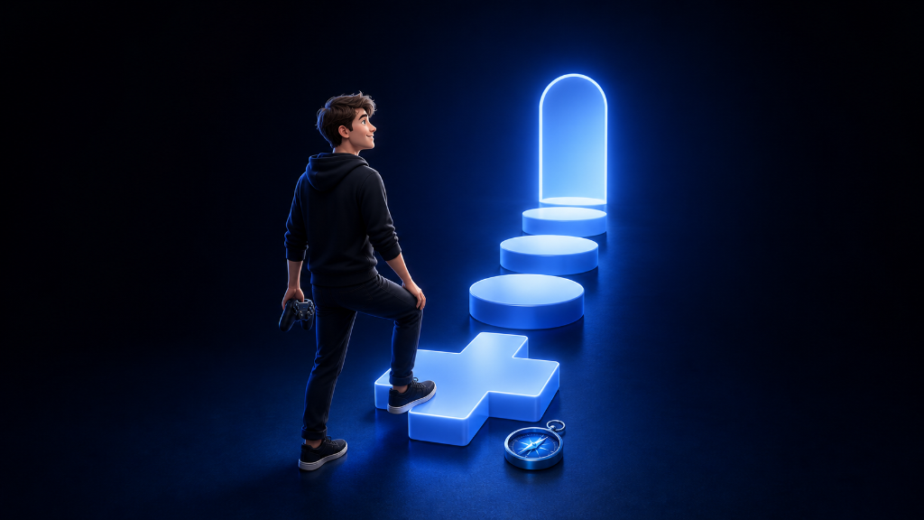 Young Dutch man follows controller-shaped steps to relearn how to play a video game after taking a long break.