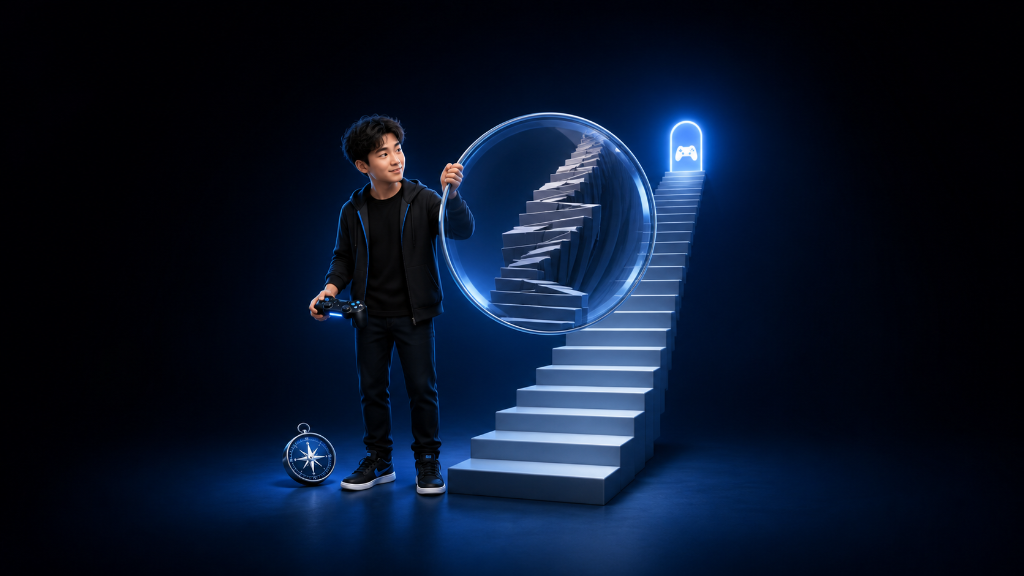 Young Vietnamese gamer sees a simple staircase appear difficult through a lens, illustrating unfamiliarity versus game difficulty.