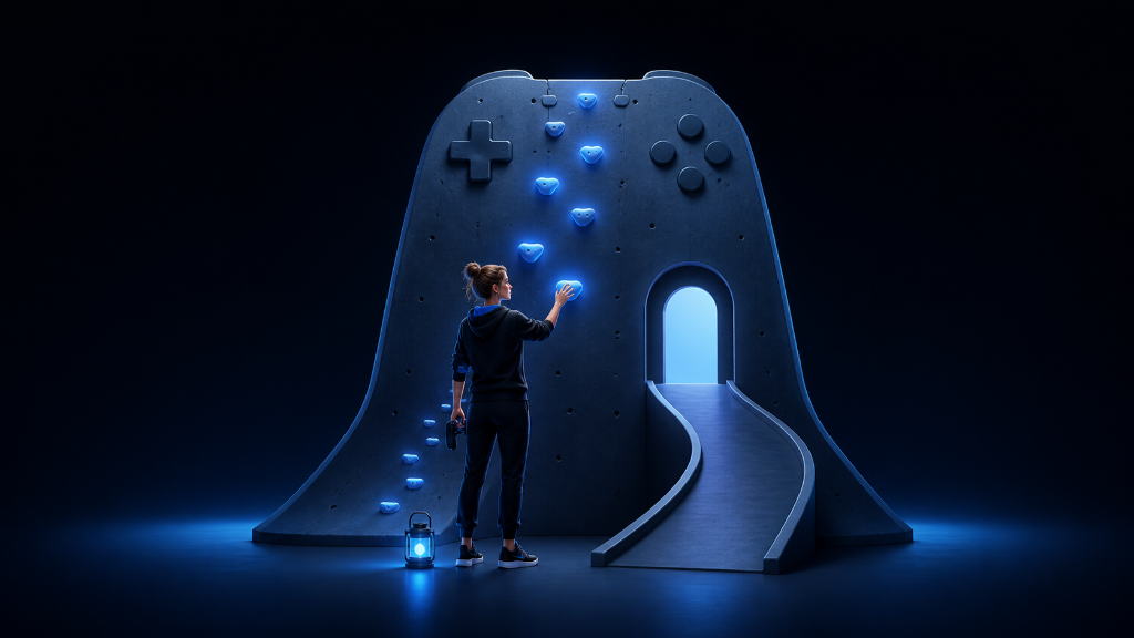 Young Dutch woman chooses between climbing a difficult controller-shaped wall or exiting a video game that feels too hard.