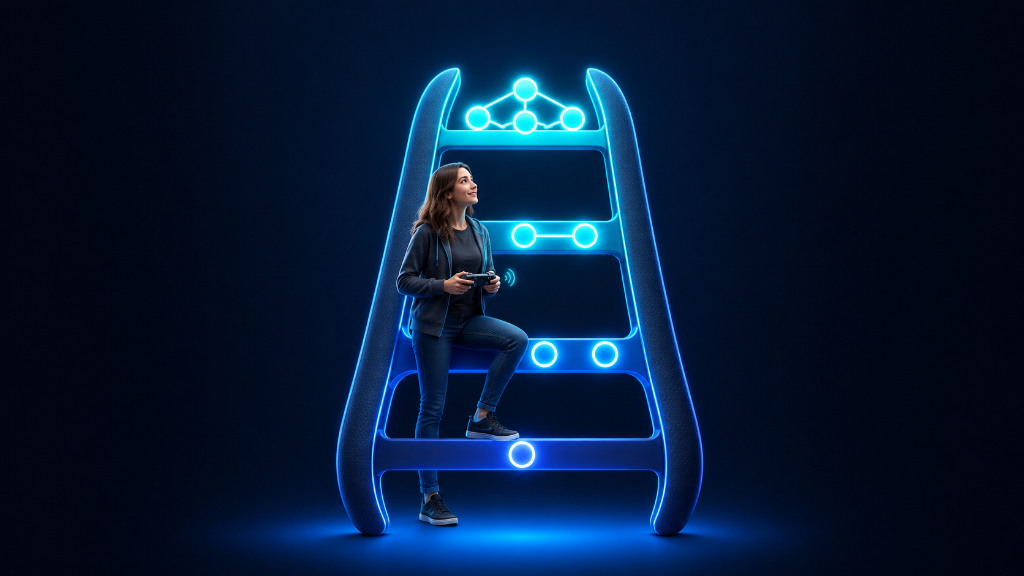 Young Polish woman climbs a glowing gaming interaction ladder from solo play to a connected social network.
