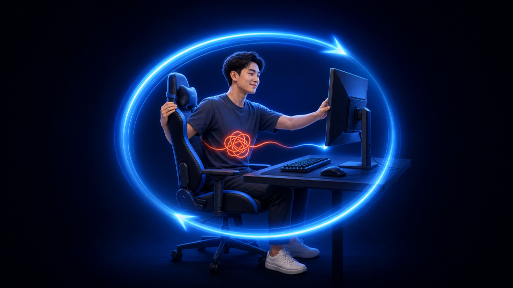 Young Vietnamese gamer resets his chair, monitor, and desk after an uncomfortable gaming session.