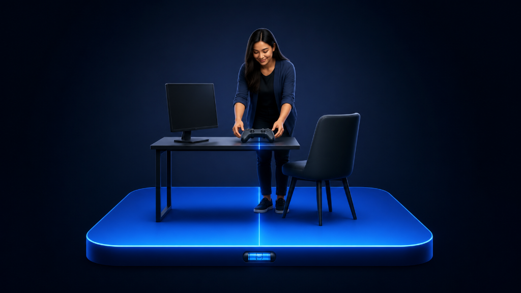 Young Filipino woman arranging a controller on a balanced gaming demo setup for a fair first trial.