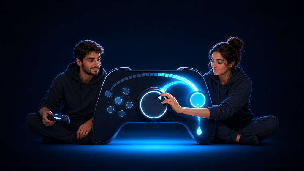 Young Portuguese man and woman reset a gaming energy gauge from social play to a restorative solo baseline.