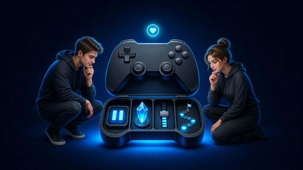 Young Polish man and woman examine a controller-shaped toolkit featuring pause, save, difficulty, and story options for enjoyable solo gaming.