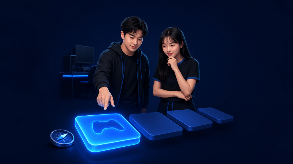 Young Vietnamese man and woman choosing a glowing first step on a game-testing path, guided by a small compass.