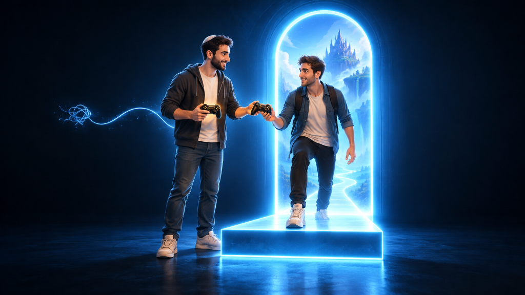 Two young Israeli men exchange gaming controllers as one steps through a glowing portal, symbolizing starting to play without overthinking it.