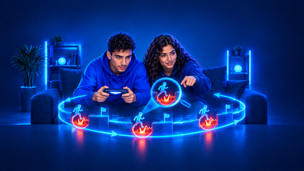 Young Moroccan man and woman playing a video game while identifying the same repeating mistake highlighted in a glowing replay loop.