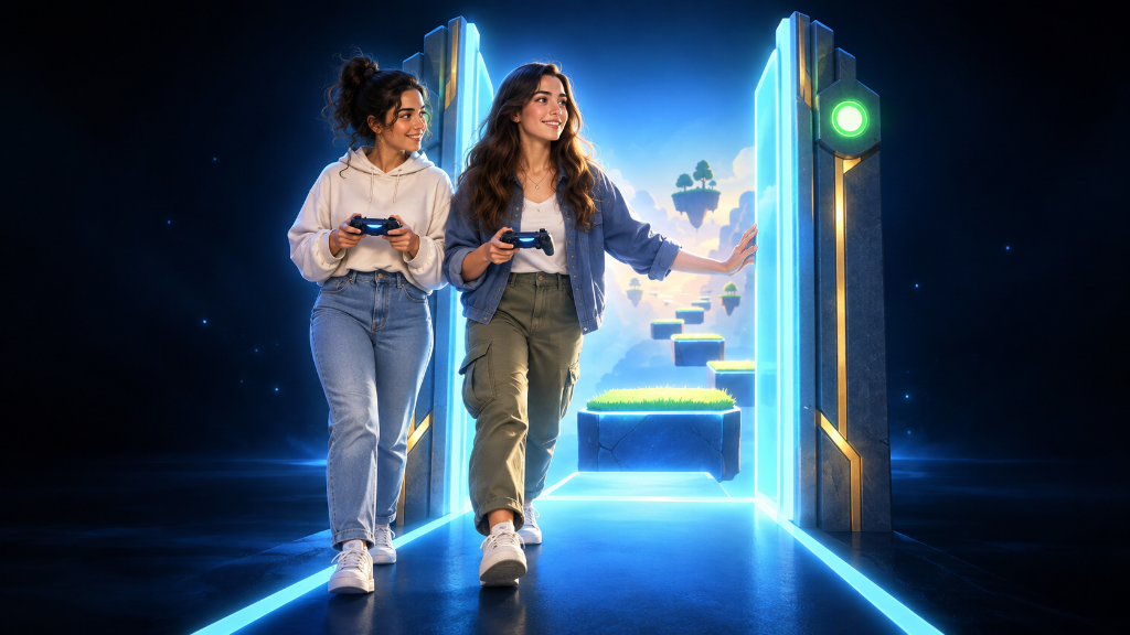 Two young Israeli women holding controllers walk through an open glowing gate, ready to begin playing their first video game.