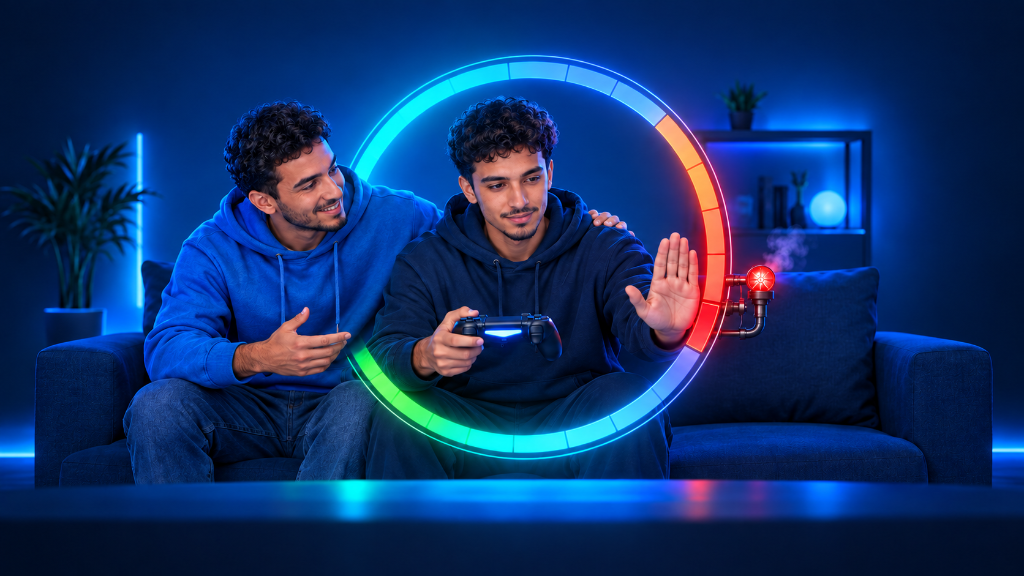 Two young Moroccan men playing a video game beside a glowing blue-to-red attempt gauge, showing how to set a game limit before frustration takes over.