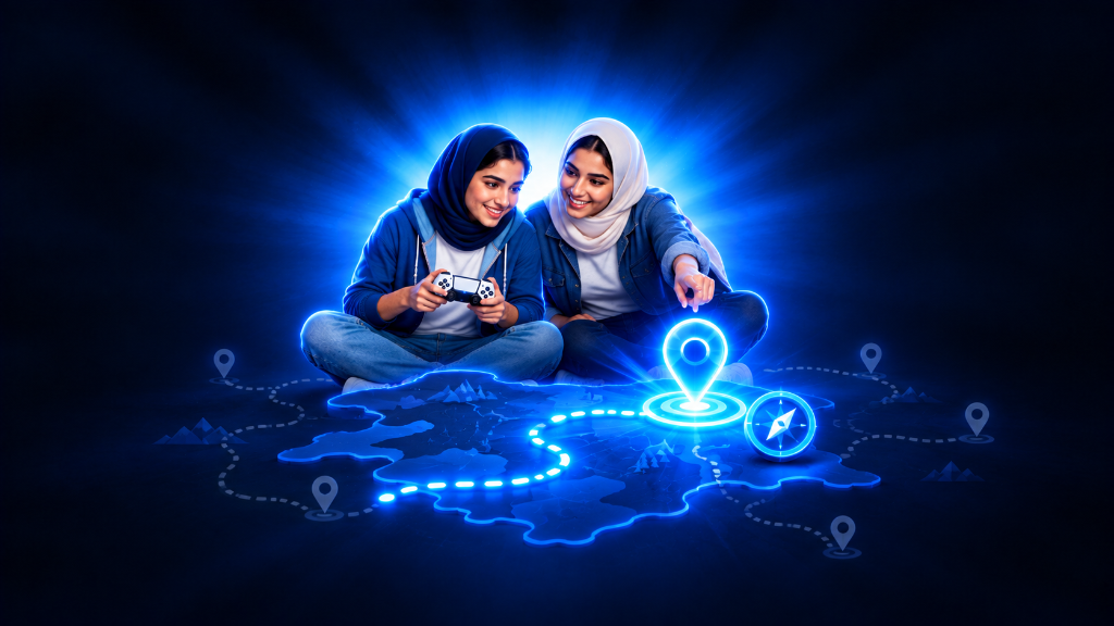 Two young Middle Eastern women follow a glowing path to a single game map marker, using it to find their place again in a game.