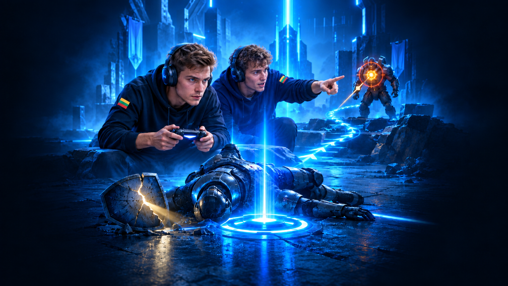 Two young male gamers react to a defeat in a glowing blue game arena as a revealed path and cracked shield symbolize learning from a useful loss during play.