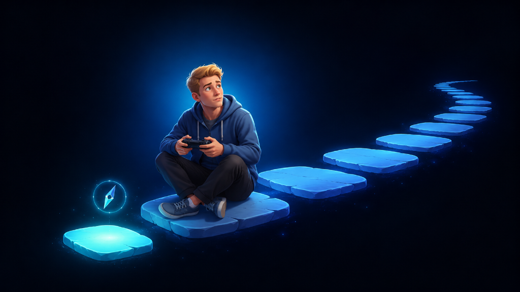 Young Swedish man holding a game controller on glowing stepping stones, symbolizing that small progress during an early gaming session still means moving forward.