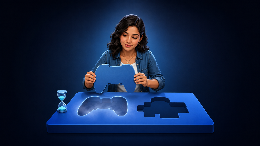 Young Mexican woman testing a controller-shaped puzzle piece against matching and mismatched slots to compare game unfamiliarity with a poor fit.