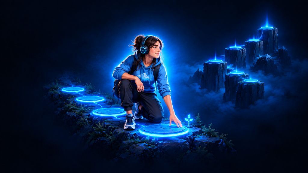 Young female gamer focuses on her own glowing progress path instead of comparing herself to an experienced player.