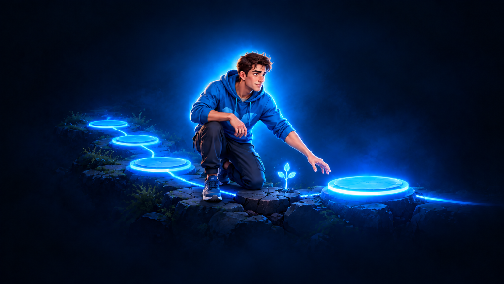 Young male gamer in a blue backlight faces a dimmed step on an otherwise glowing progress path, showing that one bad gaming session doesn’t erase progress.