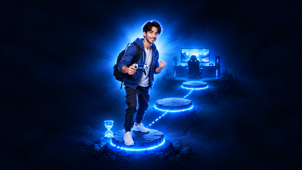 Young Middle Eastern gamer stands at the start of a short glowing path with three stepping stones and an hourglass, symbolizing planning a brief first gaming session after a break.