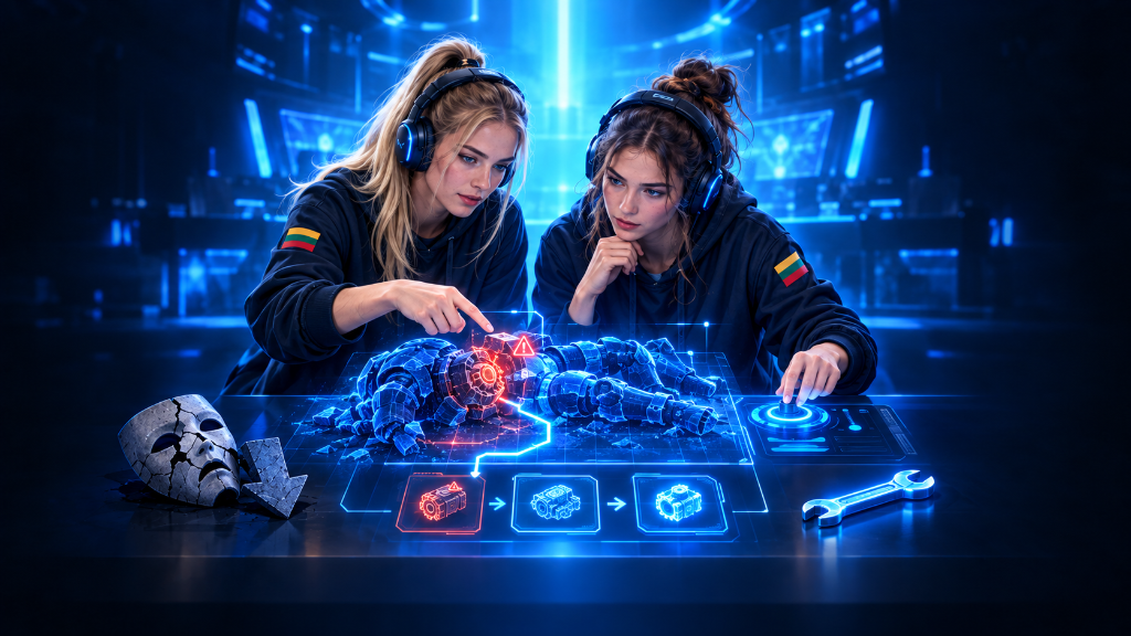 Two young Lithuanian female gamers calmly review a broken game replay display, identifying problems and planning a repair instead of blaming their abilities.
