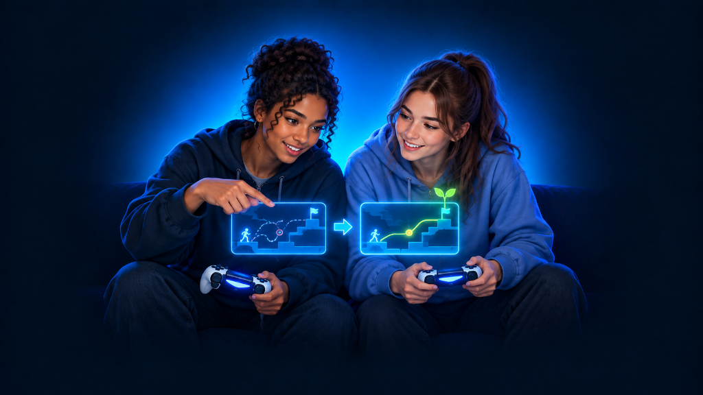 Two young women gamers compare earlier and current gameplay routes, with a small sprout symbolizing progress.