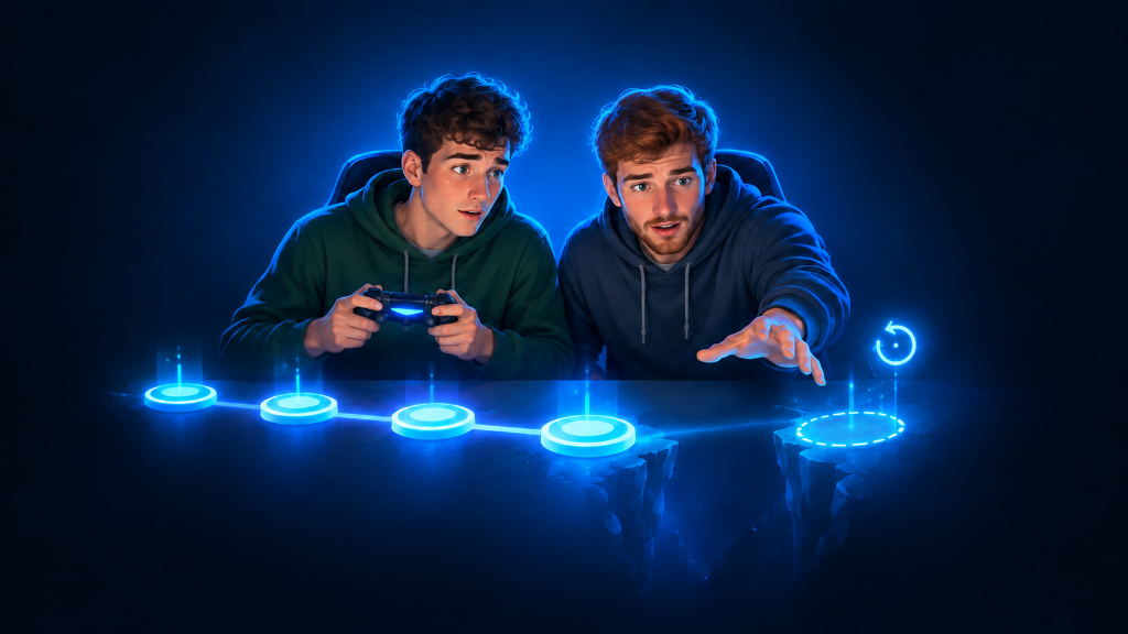 Two young gamers examine a glowing game progress path that suddenly disappears, symbolizing a missing save file or lost game progress.