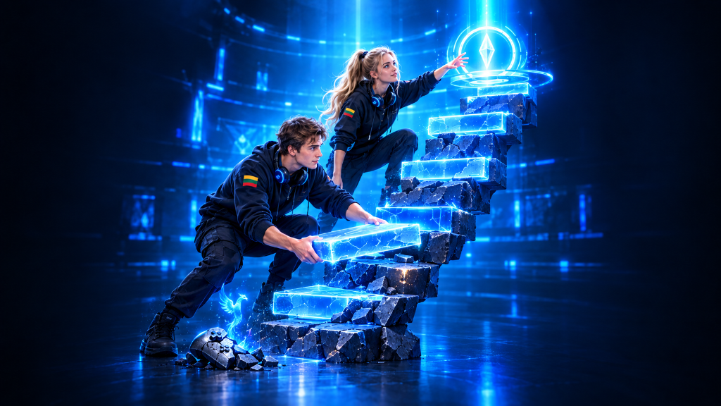 Young Lithuanian male and female gamers rebuild a glowing staircase toward a checkpoint, symbolizing recovery and persistence after repeatedly losing the same game challenge.