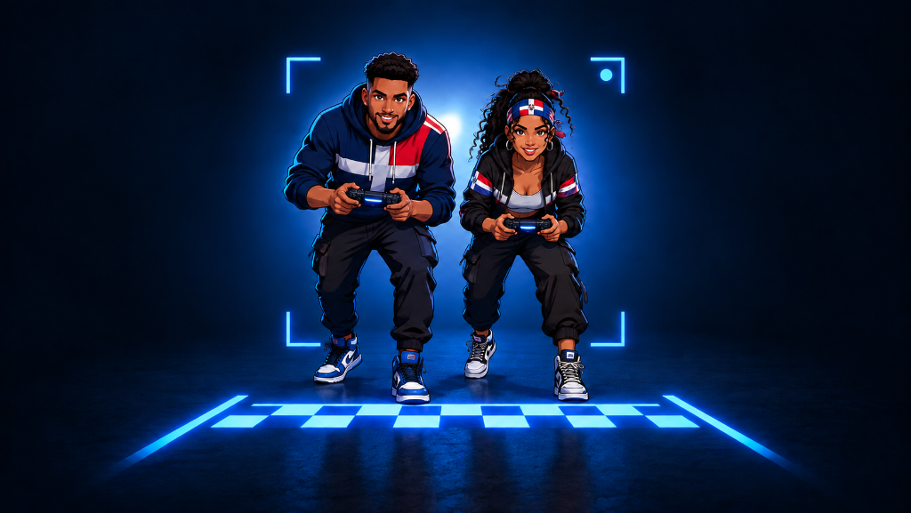 Clean digital art of a Dominican male and female beginner gamers standing at a glowing gaming starting line, with a soft blue backlight symbolizing recording their skill level before practice.