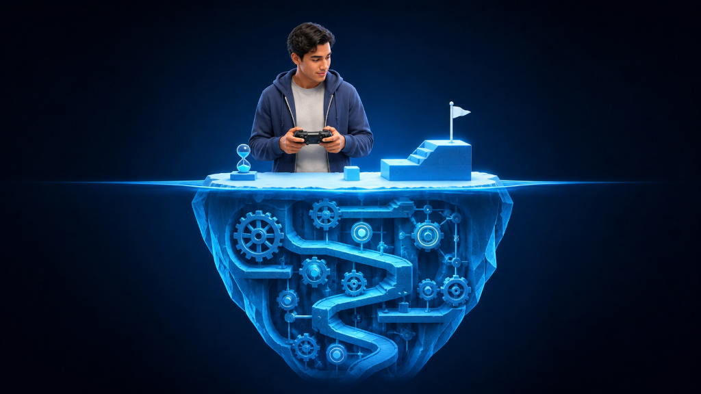 Young Mexican gamer facing a simple platform above an iceberg filled with hidden gears, showing why video games can feel harder than they look.