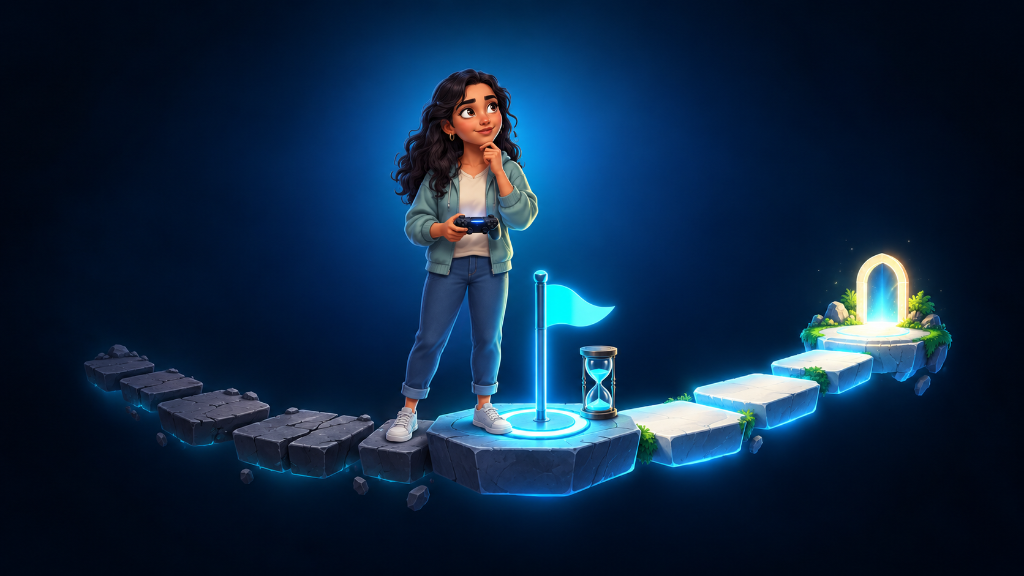Young Egyptian woman holding a game controller pauses at a glowing checkpoint with an hourglass, deciding whether to continue toward a more inviting game experience.
