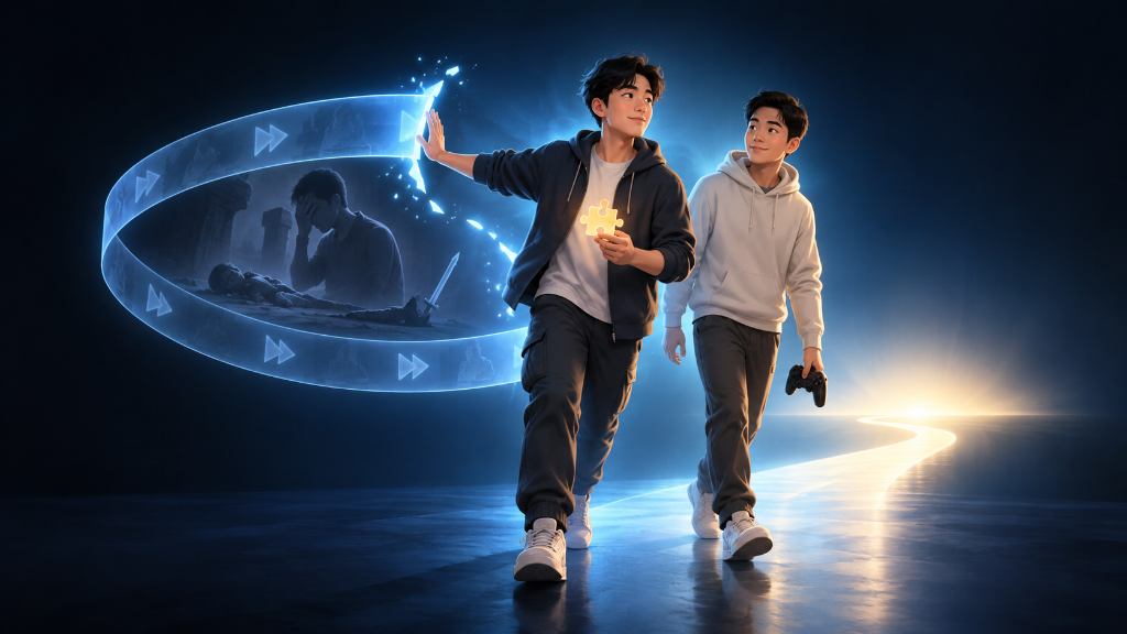 Two young Asian men break away from a looping memory of their first gaming session, keeping one lesson as they move forward.