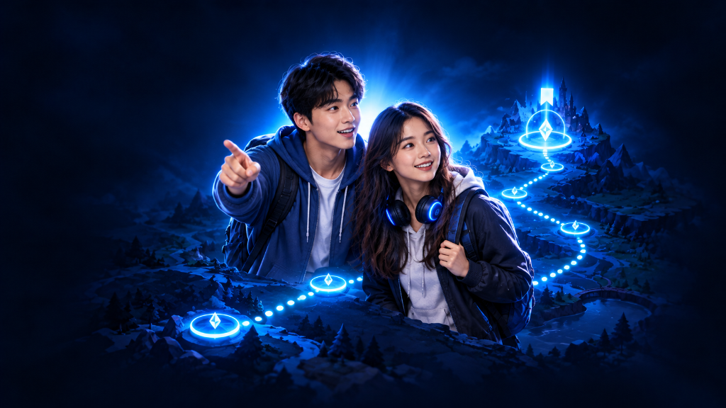 Young Asian male and female gamers follow a glowing checkpoint trail on a dark blue game-world map to find where they left off before returning to a game.