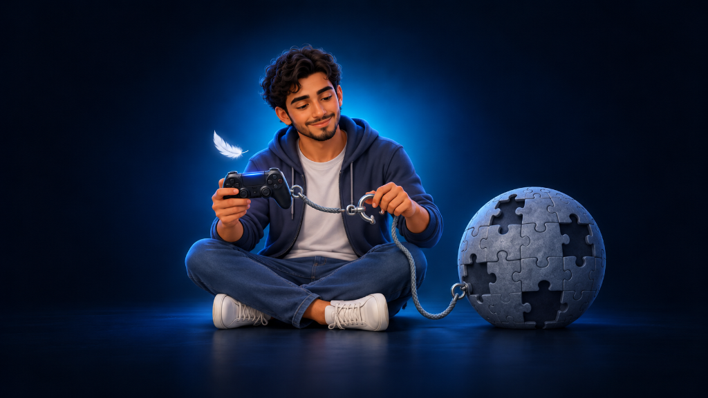 Young Moroccan man unclips his game controller from a heavy unfinished puzzle, symbolizing freedom from guilt about not completing a video game.
