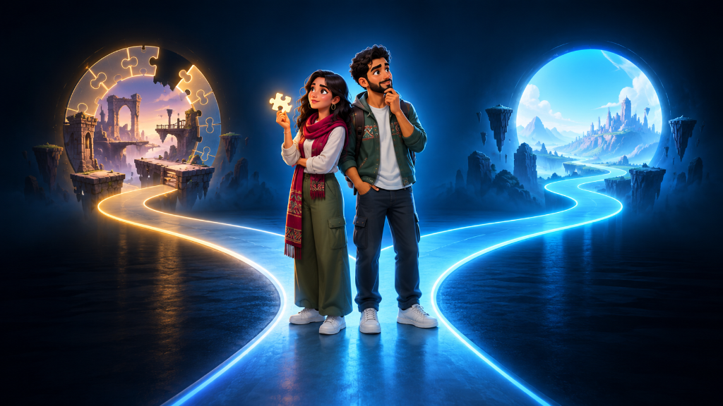 Young Moroccan man and woman choose between returning to an unfinished puzzle-themed game world or following a new path toward a fresh gaming adventure.