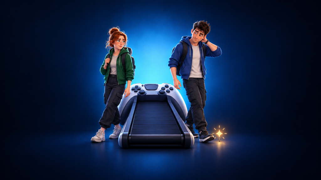 Young Irish woman and man stepping away from a stopped game-controller treadmill, symbolizing what to do when returning to a game no longer feels enjoyable.