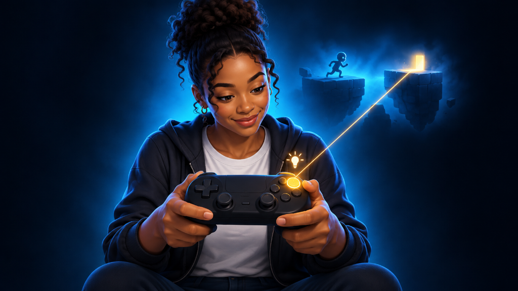 Young African woman follows a glowing game prompt to the correct controller button, learning what to press during gameplay.