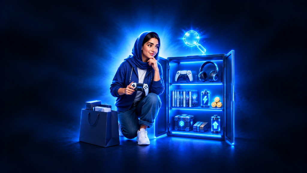 Young Middle Eastern woman reviews her existing gaming equipment in a glowing inventory cabinet before making a new purchase, symbolizing how to check what you already own before returning to a game.