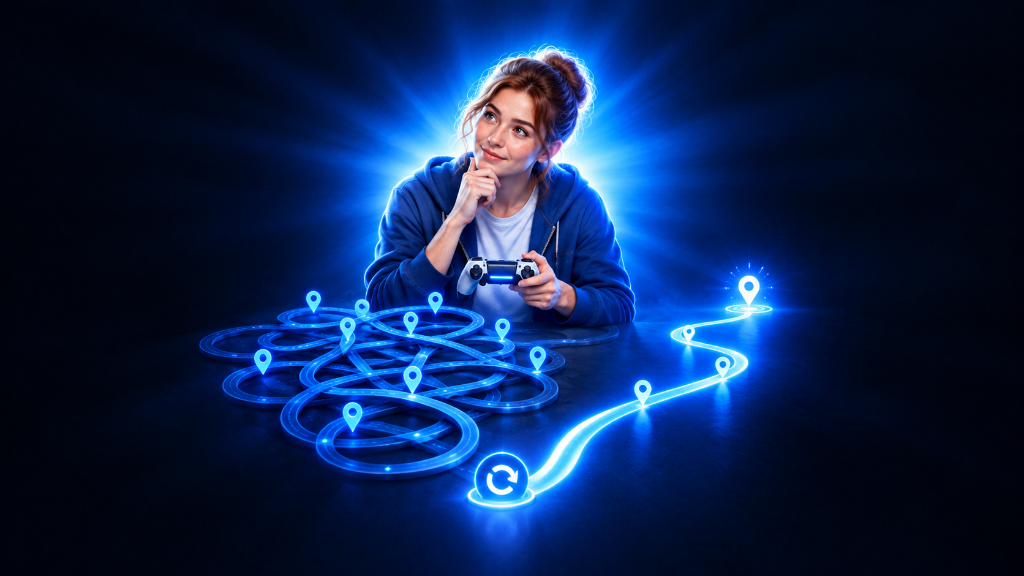 Young Irish woman untangles a confusing glowing game path after her first session back, finding a clear next step with a reset symbol nearby.