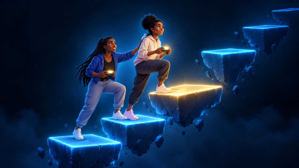 Two young African women climb glowing game platforms together, showing how to keep playing when a video game feels harder than expected.