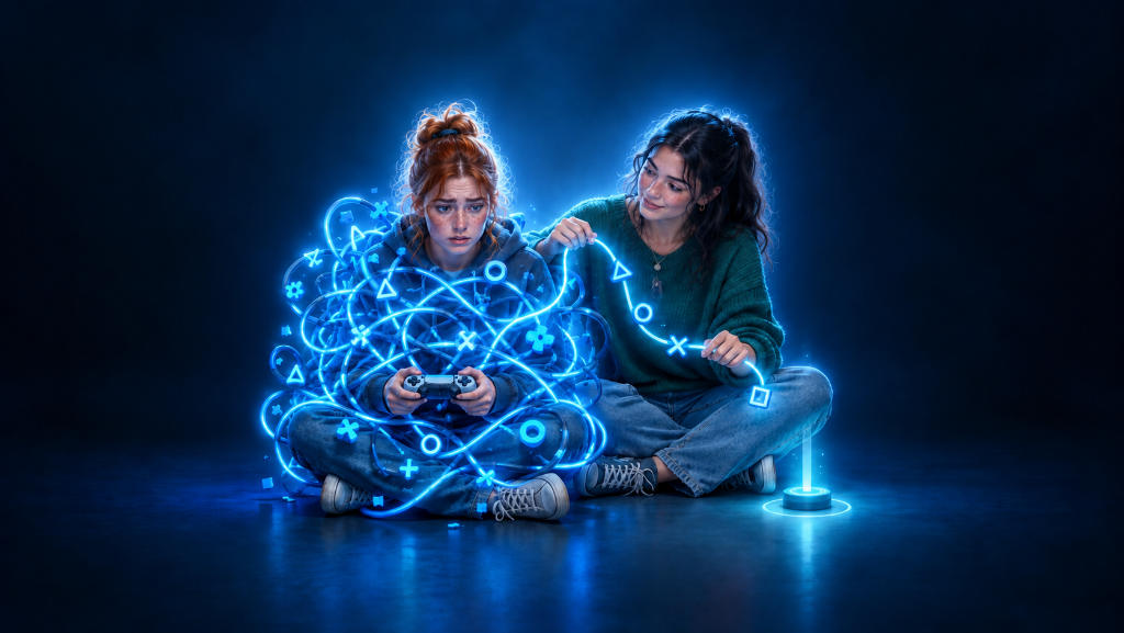 Two young women recover from gaming overwhelm as one helps untangle glowing blue game controls beside a checkpoint beacon.
