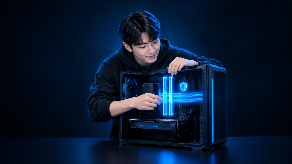 Young South Korean PC builder optimizes glowing RAM in a gaming computer, with synchronized blue light suggesting smooth performance and a shield symbolizing stability.