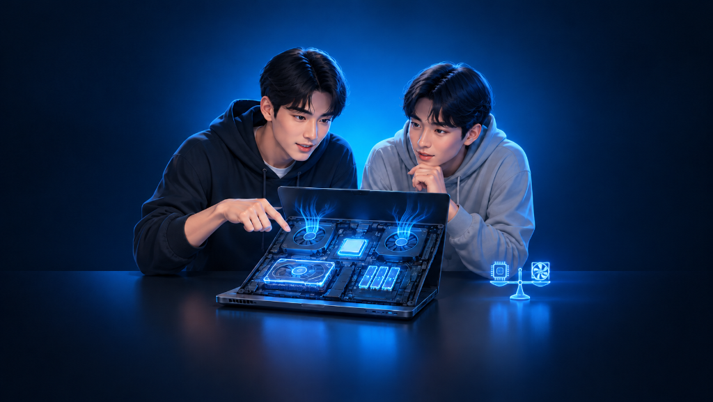 Two young South Korean men examine a gaming laptop with glowing internal components, highlighting what beginners should consider when choosing a gaming laptop.