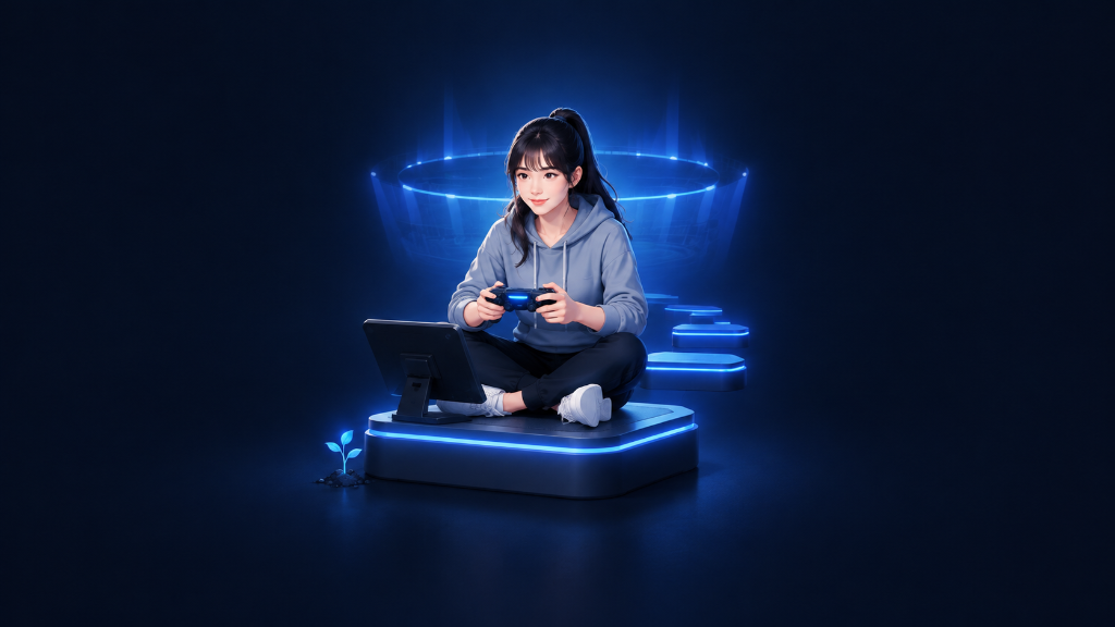 Young South Korean woman practicing at a gaming setup, building confidence and skill before competitive gaming.